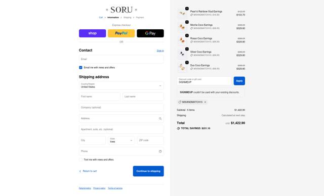 Soru Jewellery checkout page showing Soru Jewellery discount code box | Screenshot taken by SimplyCodes community member on Sep 30, 2025