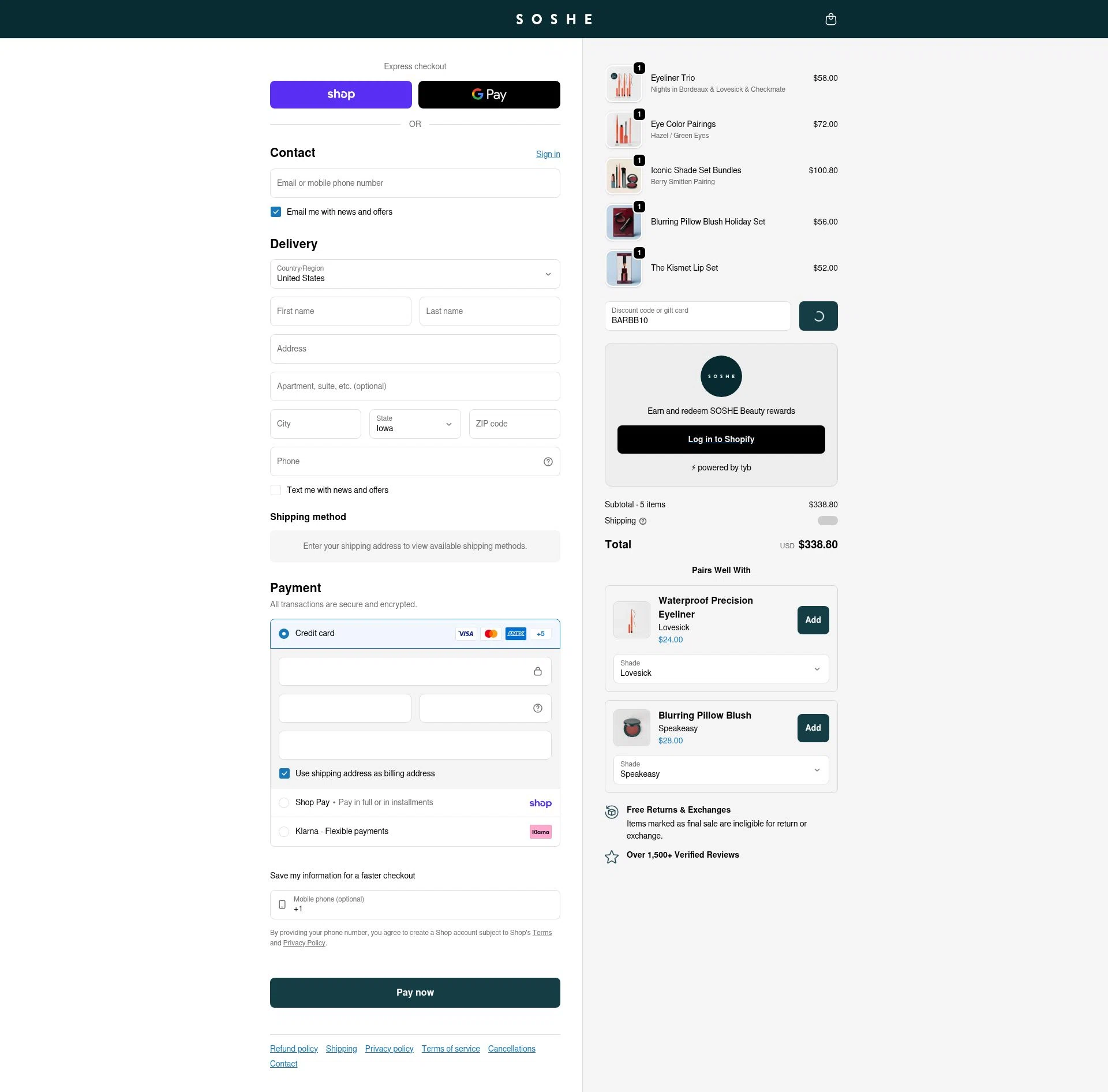 SOSHE Beauty checkout page showing SOSHE Beauty promo code box | Screenshot taken by SimplyCodes community member on Feb 14, 2026