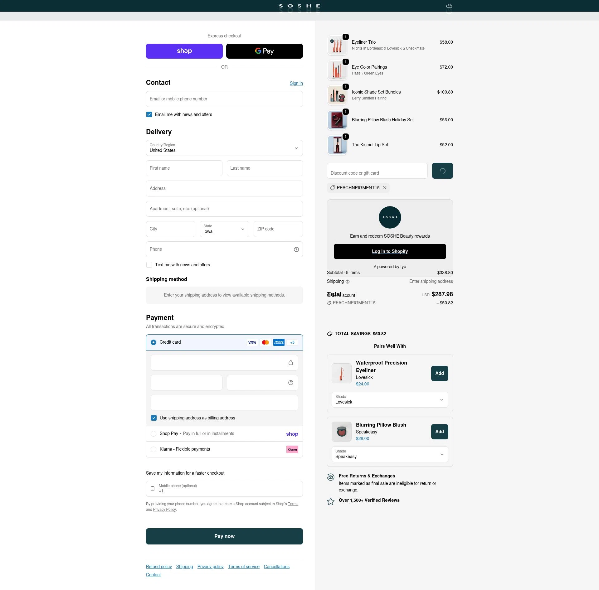 SOSHE Beauty checkout page showing SOSHE Beauty promo code box | Screenshot taken by SimplyCodes community member on Feb 14, 2026