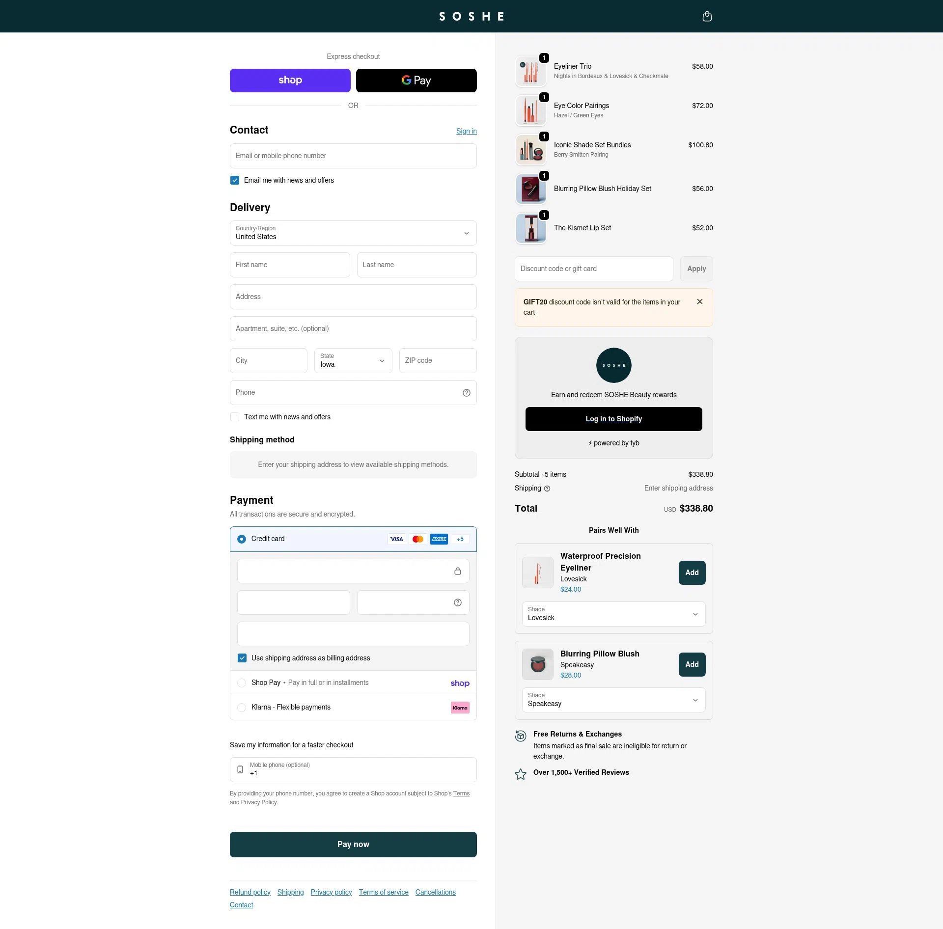 SOSHE Beauty checkout page showing SOSHE Beauty promo code box | Screenshot taken by SimplyCodes community member on Feb 14, 2026