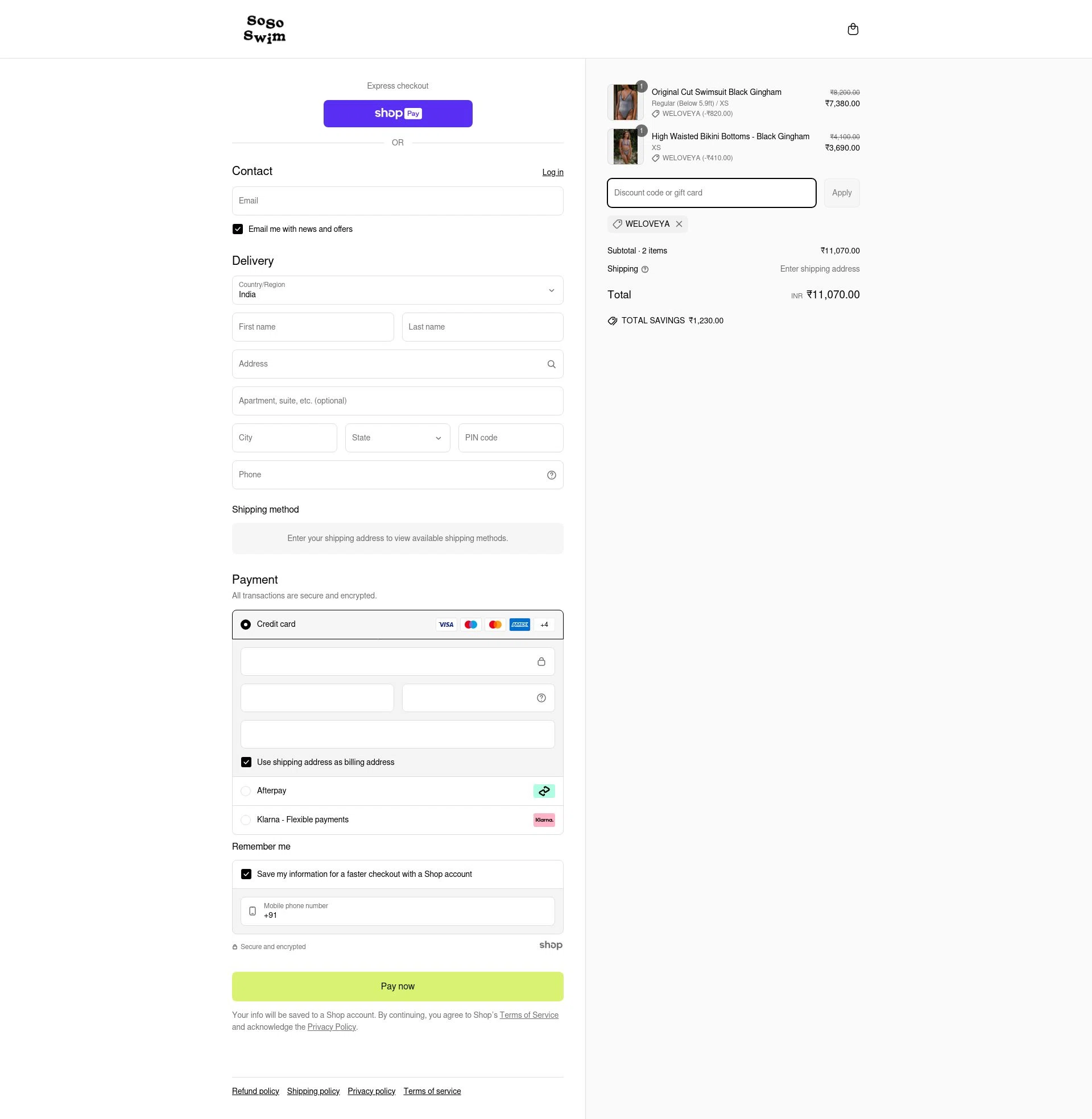 SoSo Swim checkout page showing SoSo Swim discount code box | Screenshot taken by SimplyCodes community member on Apr 27, 2025