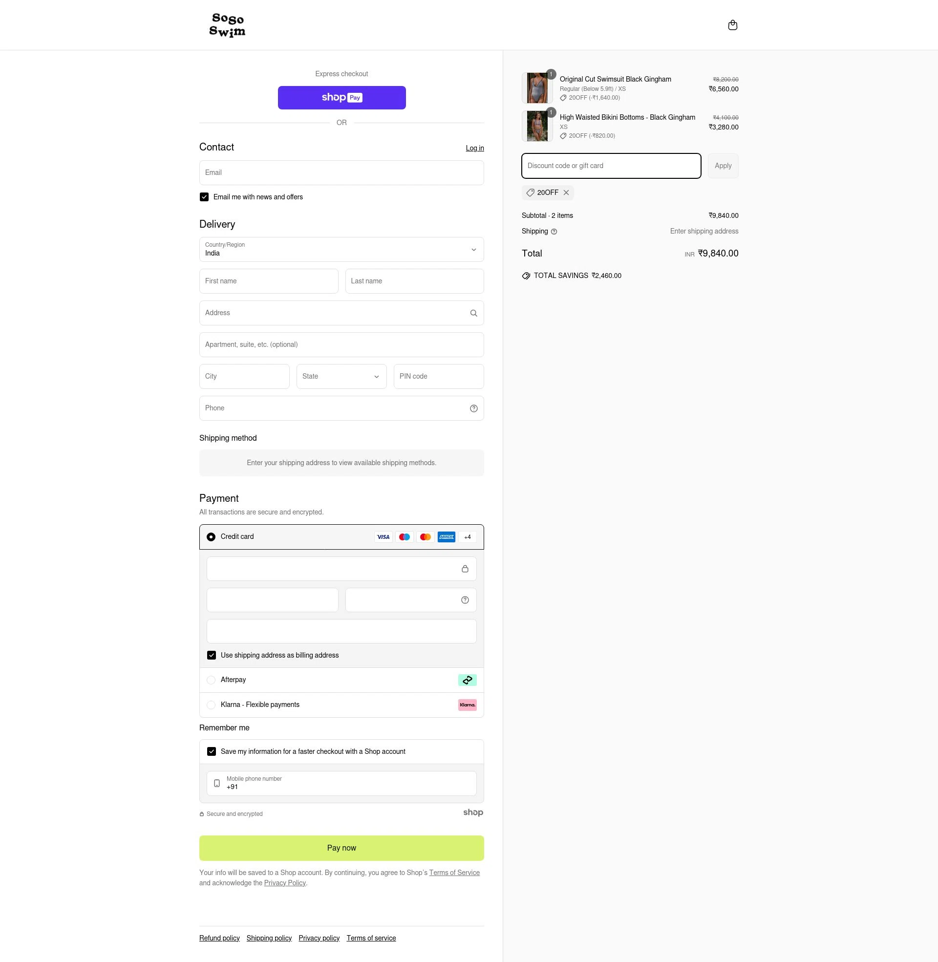 SoSo Swim checkout page showing SoSo Swim discount code box | Screenshot taken by SimplyCodes community member on Apr 27, 2025