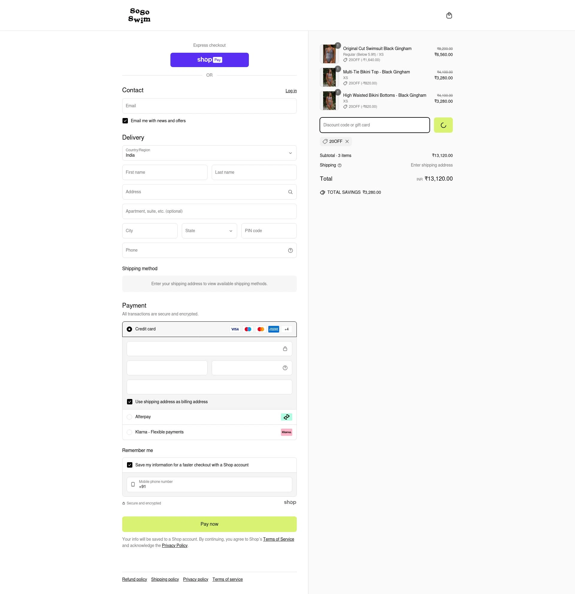 SoSo Swim checkout page showing SoSo Swim discount code box | Screenshot taken by SimplyCodes community member on Apr 20, 2025