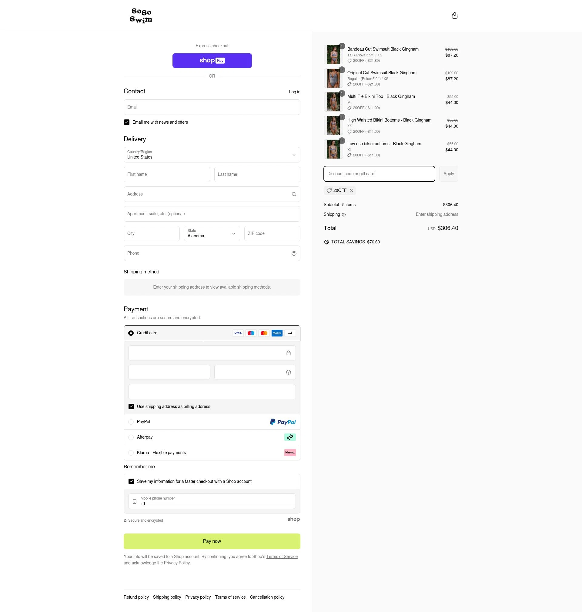 SoSo Swim checkout page showing SoSo Swim discount code box | Screenshot taken by SimplyCodes community member on May 3, 2025