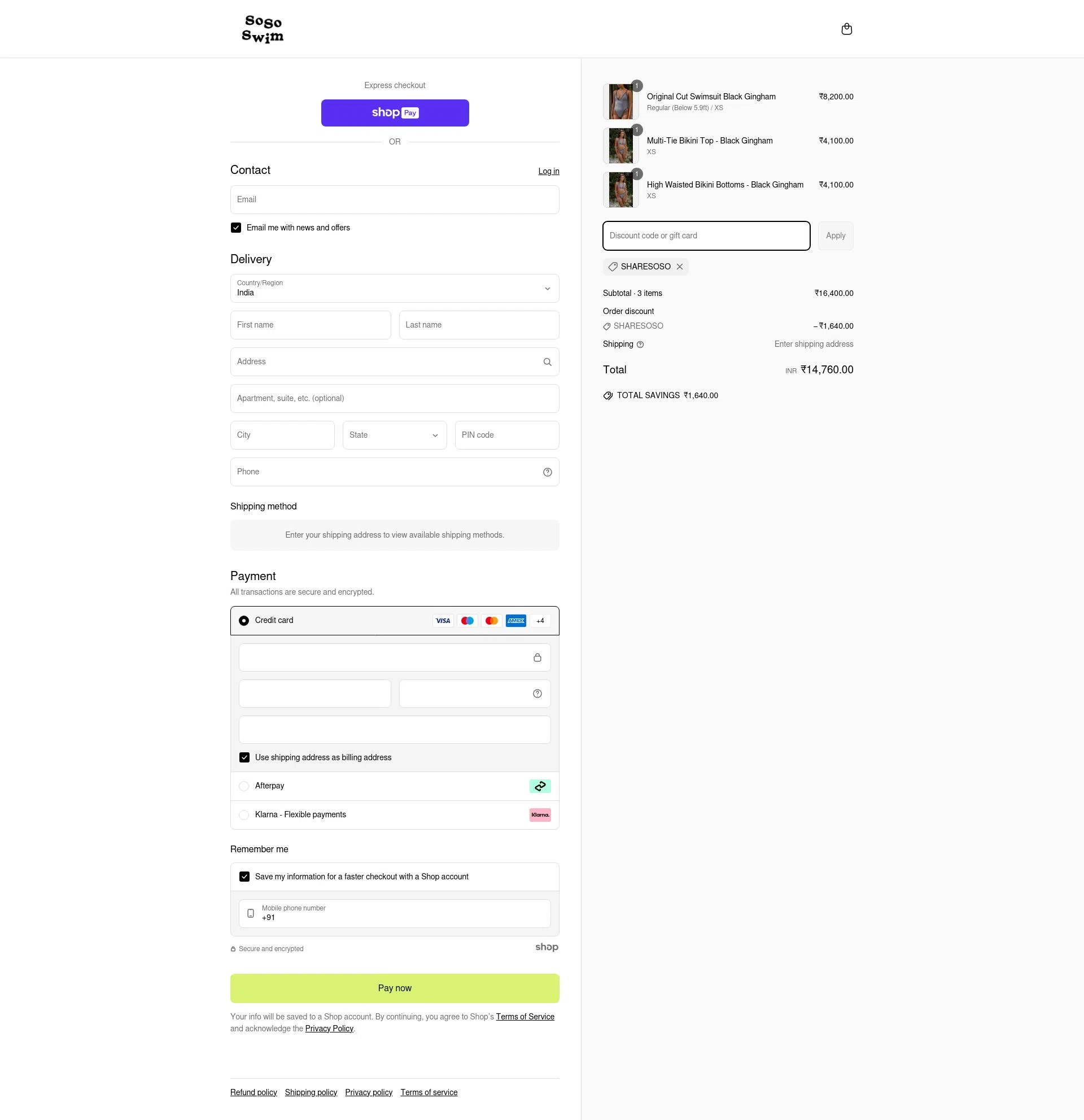 SoSo Swim checkout page showing SoSo Swim discount code box | Screenshot taken by SimplyCodes community member on Apr 20, 2025