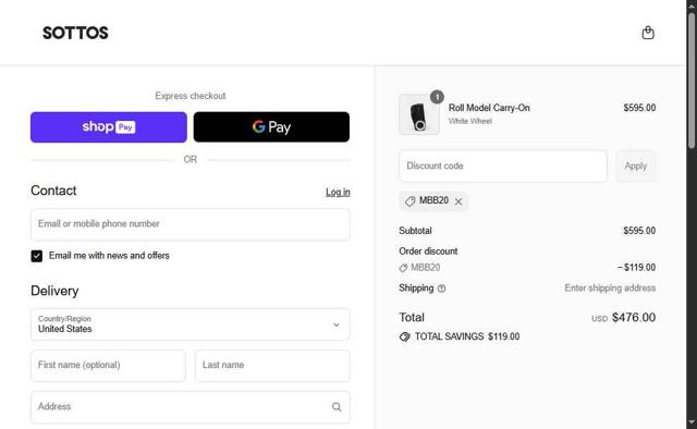 SOTTOS checkout page showing SOTTOS promo code box | Screenshot taken by SimplyCodes community member on Aug 12, 2025