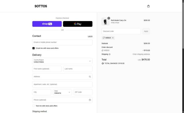 SOTTOS checkout page showing SOTTOS promo code box | Screenshot taken by SimplyCodes community member on Jul 2, 2025