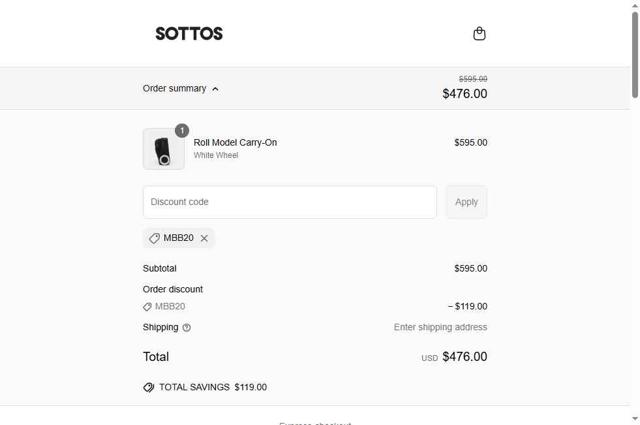 SOTTOS checkout page showing SOTTOS promo code box | Screenshot taken by SimplyCodes community member on May 19, 2025