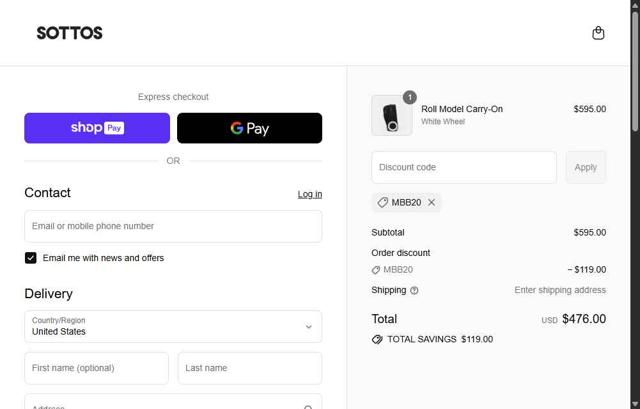SOTTOS checkout page showing SOTTOS promo code box | Screenshot taken by SimplyCodes community member on Jul 2, 2025