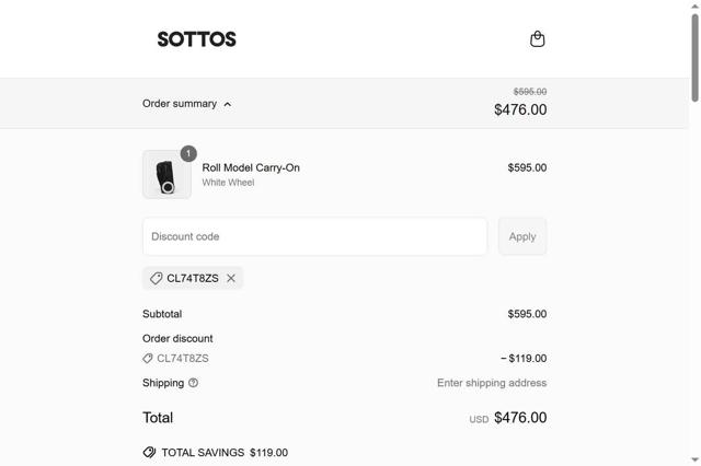 SOTTOS checkout page showing SOTTOS promo code box | Screenshot taken by SimplyCodes community member on Apr 26, 2025