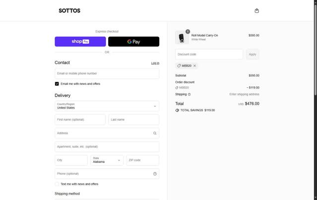SOTTOS checkout page showing SOTTOS promo code box | Screenshot taken by SimplyCodes community member on Jul 22, 2025