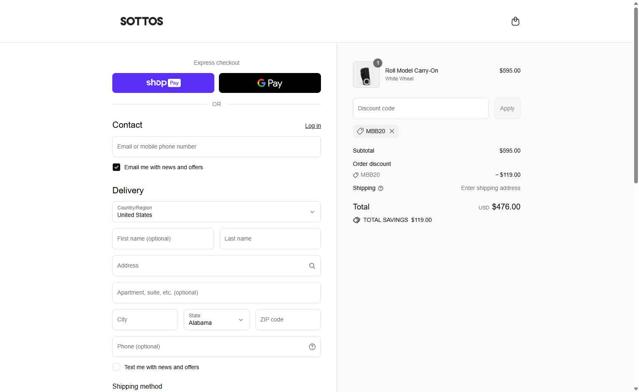SOTTOS checkout page showing SOTTOS promo code box | Screenshot taken by SimplyCodes community member on Jul 22, 2025