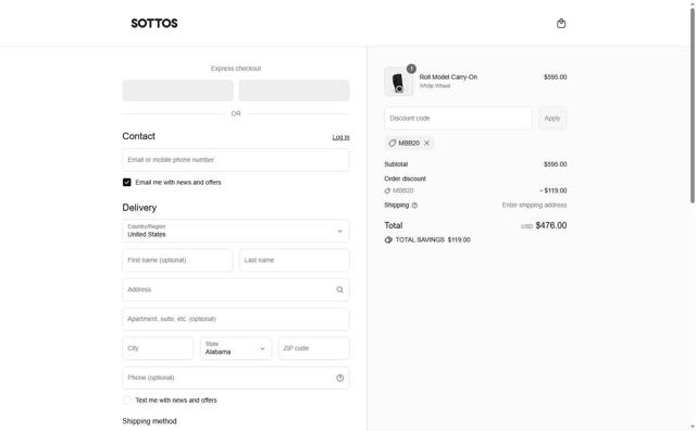 SOTTOS checkout page showing SOTTOS promo code box | Screenshot taken by SimplyCodes community member on Jul 22, 2025