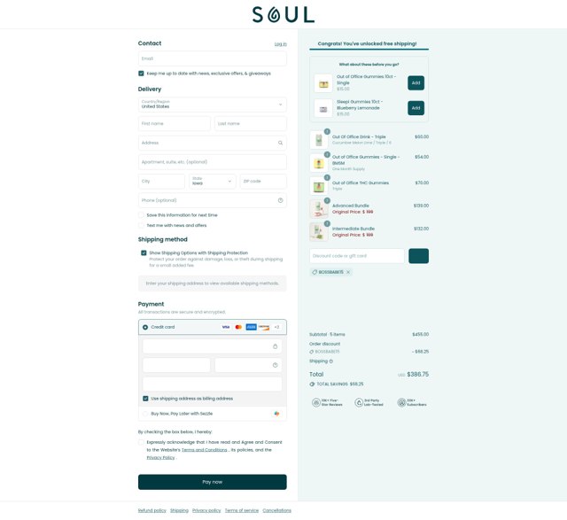 Soul CBD checkout page showing Soul CBD discount code box | Screenshot taken by SimplyCodes community member on Sep 7, 2025