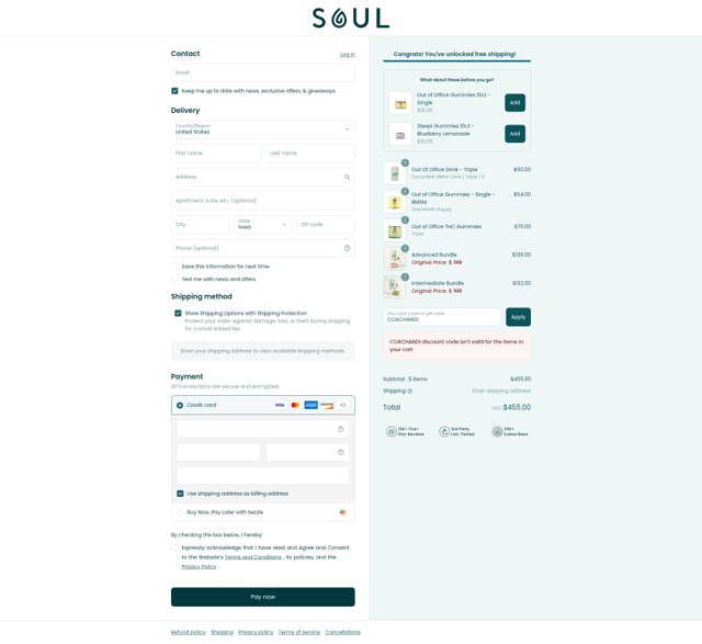 Soul CBD checkout page showing Soul CBD discount code box | Screenshot taken by SimplyCodes community member on Sep 7, 2025