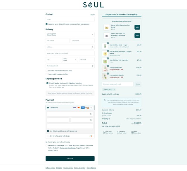 Soul CBD checkout page showing Soul CBD discount code box | Screenshot taken by SimplyCodes community member on Sep 7, 2025