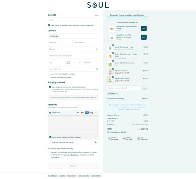 Soul CBD checkout page showing Soul CBD discount code box | Screenshot taken by SimplyCodes community member on Sep 7, 2025