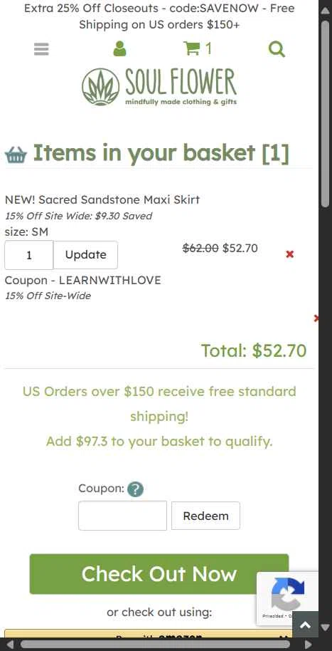 Soul Flower checkout page showing Soul Flower promo code box | Screenshot taken by SimplyCodes community member on Aug 19, 2025
