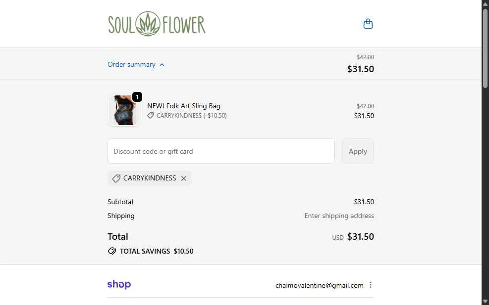 Soul Flower checkout page showing Soul Flower promo code box | Screenshot taken by SimplyCodes community member on Jan 10, 2026