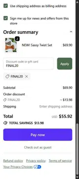 FINAL20 coupon verification screenshot