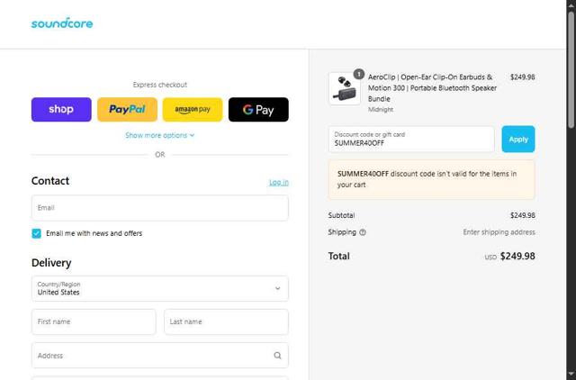 Soundcore checkout page showing Soundcore discount code box | Screenshot taken by SimplyCodes community member on Sep 8, 2025