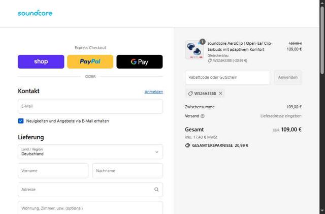 Soundcore checkout page showing Soundcore discount code box | Screenshot taken by SimplyCodes community member on Sep 9, 2025