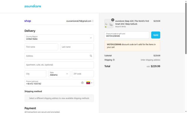 Soundcore checkout page showing Soundcore discount code box | Screenshot taken by SimplyCodes community member on Sep 10, 2025