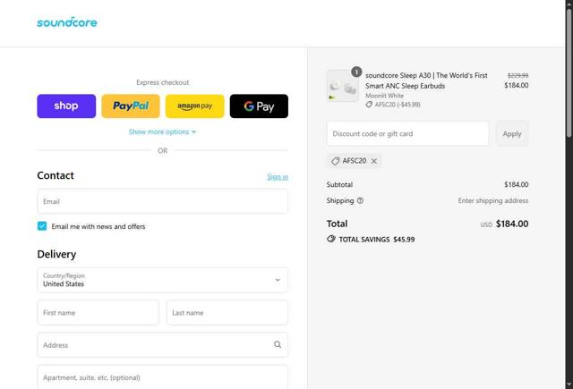 Soundcore checkout page showing Soundcore discount code box | Screenshot taken by SimplyCodes community member on Sep 9, 2025