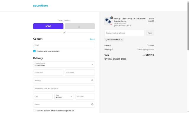 Soundcore checkout page showing Soundcore discount code box | Screenshot taken by SimplyCodes community member on Sep 10, 2025