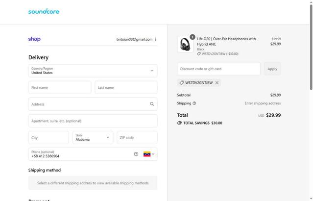 Soundcore checkout page showing Soundcore discount code box | Screenshot taken by SimplyCodes community member on Sep 10, 2025