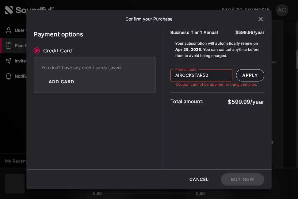 Soundful checkout page showing Soundful promo code box | Screenshot taken by SimplyCodes community member on Apr 29, 2025