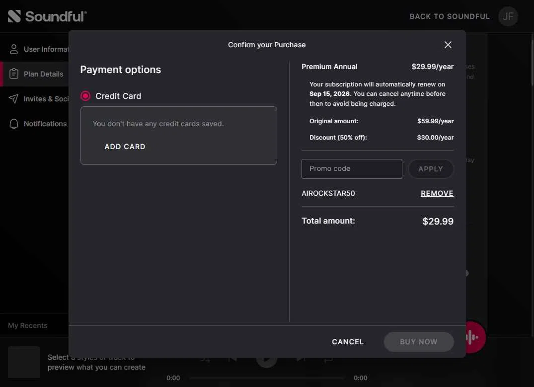 Soundful checkout page showing Soundful promo code box | Screenshot taken by SimplyCodes community member on Sep 15, 2025