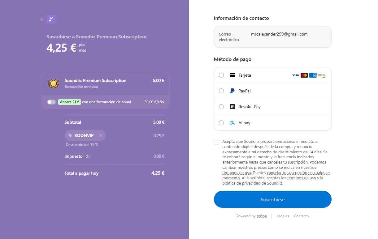 Soundiiz checkout page showing Soundiiz promo code box | Screenshot taken by SimplyCodes community member on Feb 4, 2026