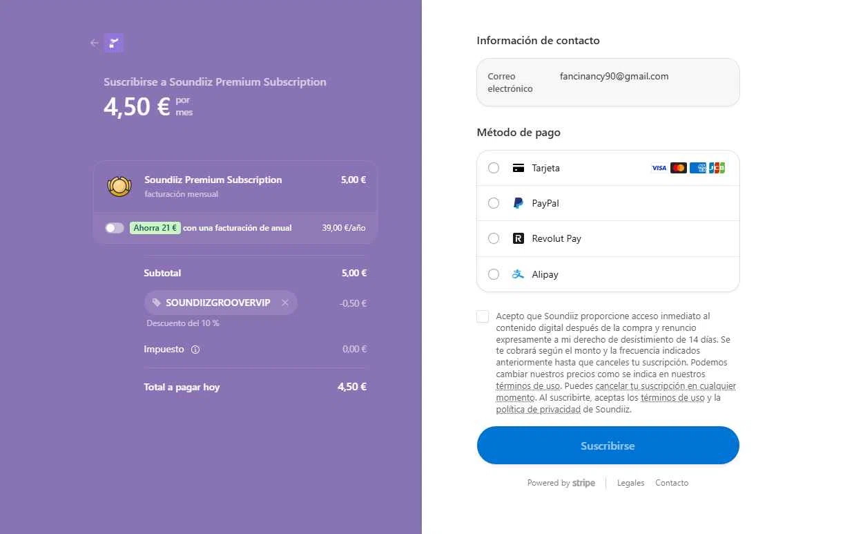 Soundiiz checkout page showing Soundiiz promo code box | Screenshot taken by SimplyCodes community member on Feb 4, 2026