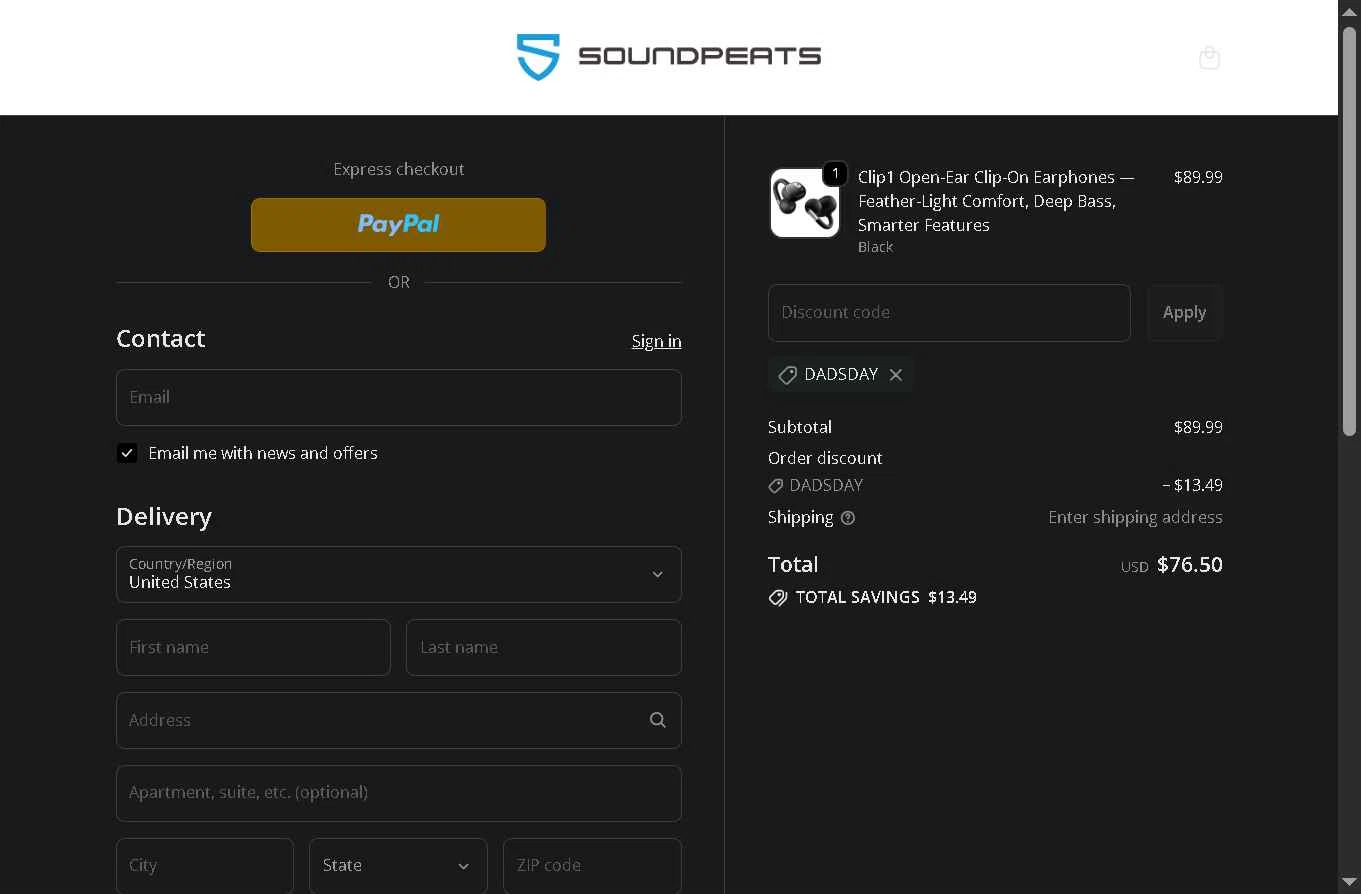 Soundpeats Audio checkout page showing Soundpeats Audio promo code box | Screenshot taken by SimplyCodes community member on Feb 11, 2026