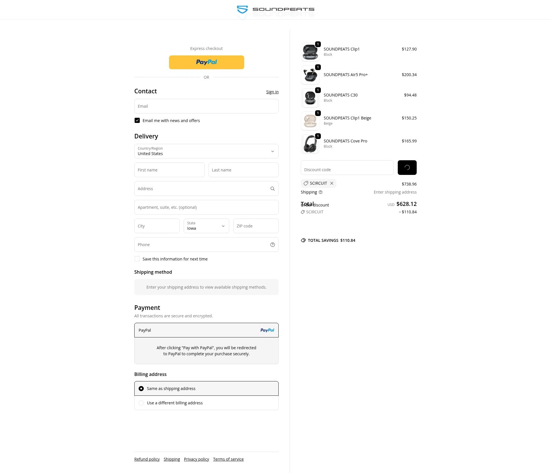 Soundpeats Audio checkout page showing Soundpeats Audio promo code box | Screenshot taken by SimplyCodes community member on Jan 22, 2026