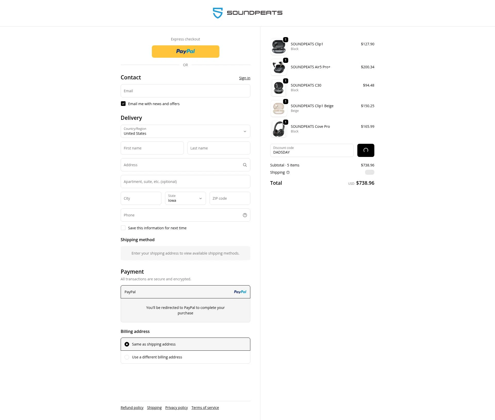 Soundpeats Audio checkout page showing Soundpeats Audio promo code box | Screenshot taken by SimplyCodes community member on Feb 5, 2026