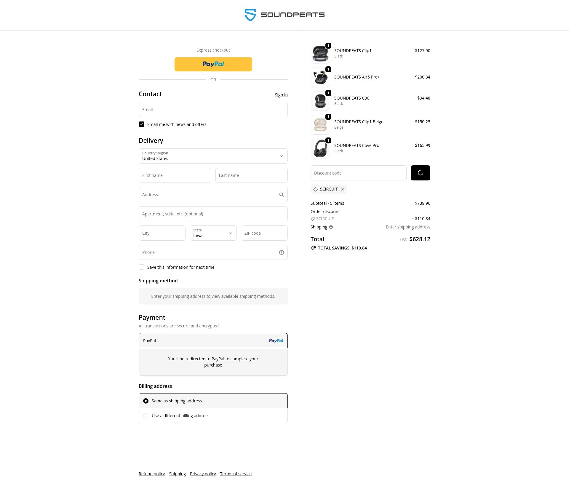 Soundpeats Audio checkout page showing Soundpeats Audio promo code box | Screenshot taken by SimplyCodes community member on Jan 27, 2026