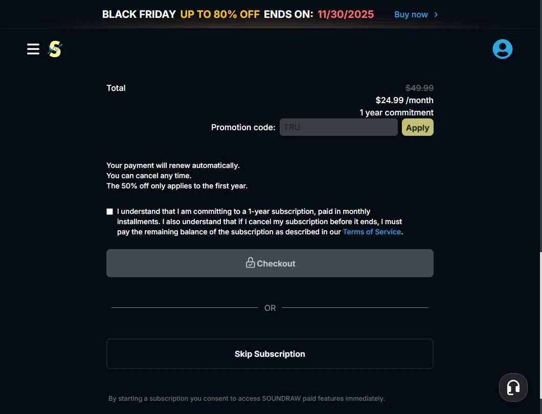 SOUNDRAW checkout page showing SOUNDRAW promo code box | Screenshot taken by SimplyCodes community member on Nov 23, 2025