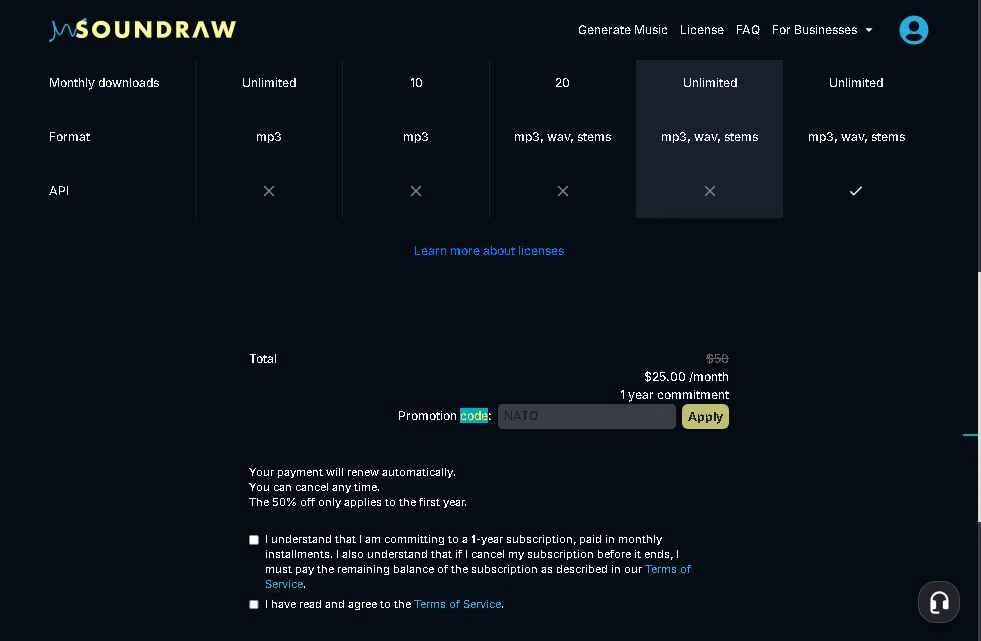 SOUNDRAW checkout page showing SOUNDRAW promo code box | Screenshot taken by SimplyCodes community member on Jan 31, 2026