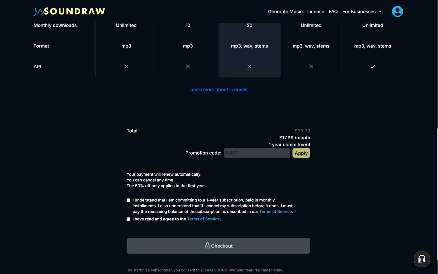 SOUNDRAW checkout page showing SOUNDRAW promo code box | Screenshot taken by SimplyCodes community member on Jan 5, 2026