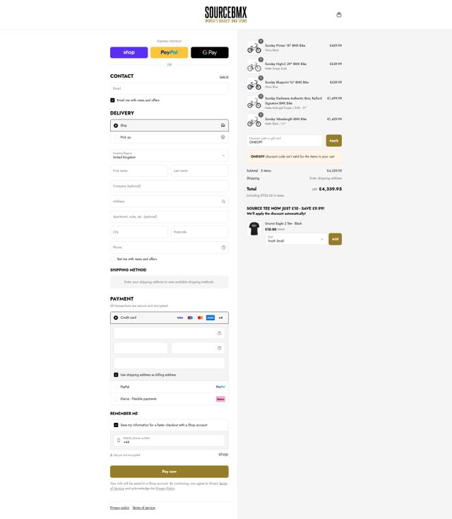 Sourcebmx UK checkout page showing Sourcebmx UK promo code box | Screenshot taken by SimplyCodes community member on Sep 8, 2025