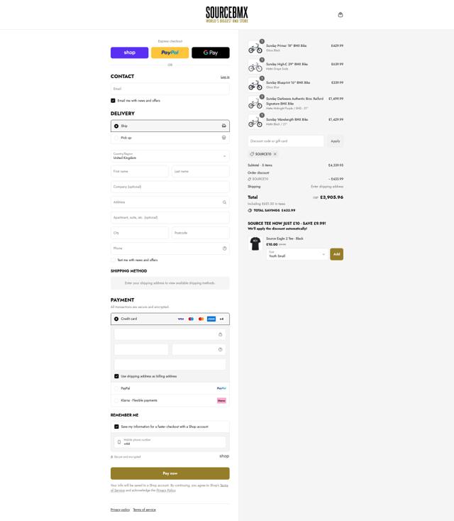 Sourcebmx UK checkout page showing Sourcebmx UK promo code box | Screenshot taken by SimplyCodes community member on Sep 8, 2025