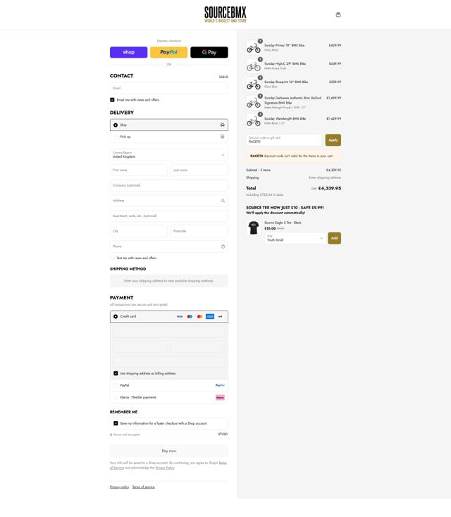 Sourcebmx UK checkout page showing Sourcebmx UK promo code box | Screenshot taken by SimplyCodes community member on Sep 8, 2025