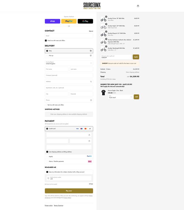 Sourcebmx UK checkout page showing Sourcebmx UK promo code box | Screenshot taken by SimplyCodes community member on Sep 12, 2025