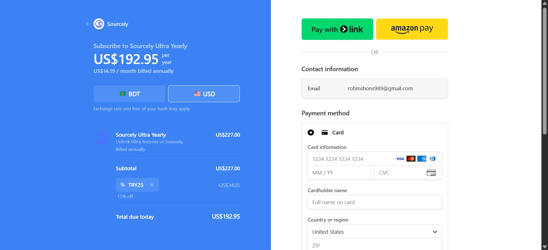 Sourcely promo code screenshot showing code TRY25 applied at Sourcely checkout page. Uploaded by SimplyCodes community member ThriftyChaser1206 on May 27, 2026