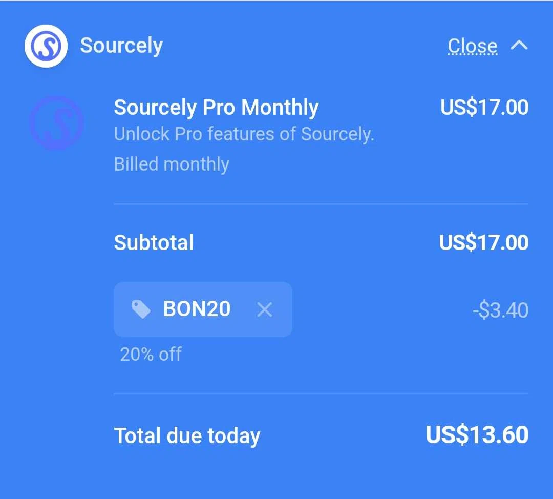 Sourcely promo code screenshot showing code BON20 applied at Sourcely checkout page. Uploaded by SimplyCodes community member Celebrity on Jan 6, 2026