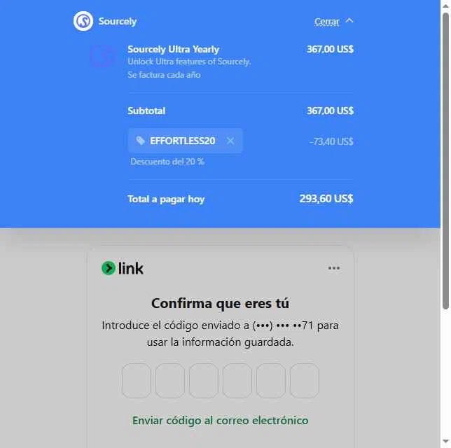 Sourcely checkout page showing Sourcely promo code box | Screenshot taken by SimplyCodes community member on Dec 19, 2025