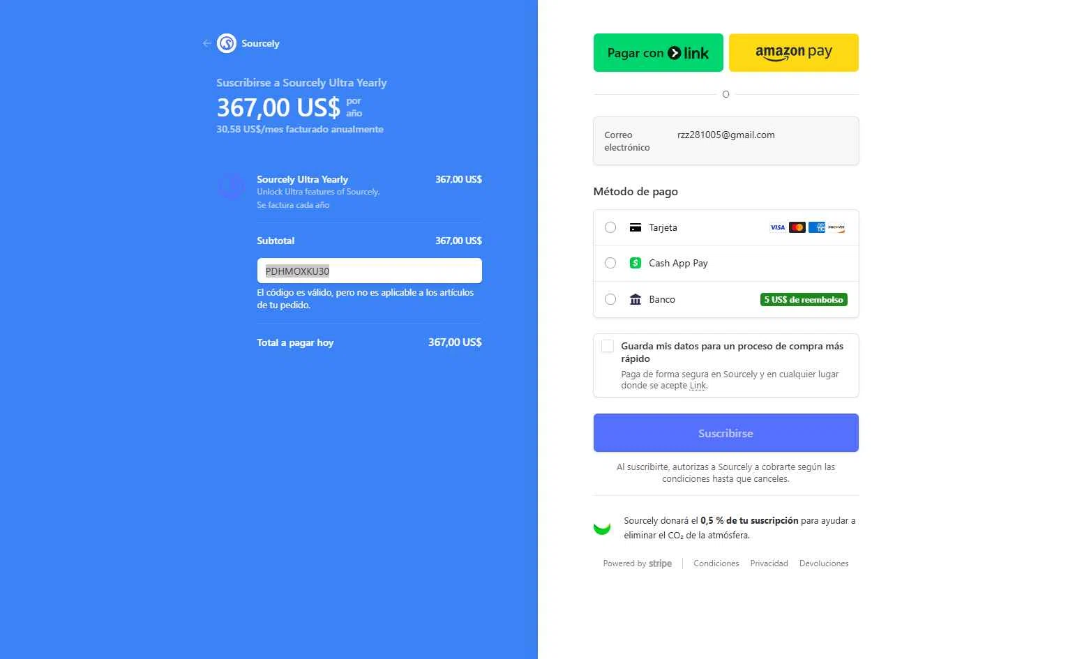 Sourcely checkout page showing Sourcely promo code box | Screenshot taken by SimplyCodes community member on Dec 19, 2025