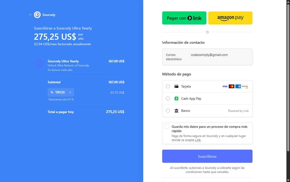 Sourcely checkout page showing Sourcely promo code box | Screenshot taken by SimplyCodes community member on Jan 17, 2026